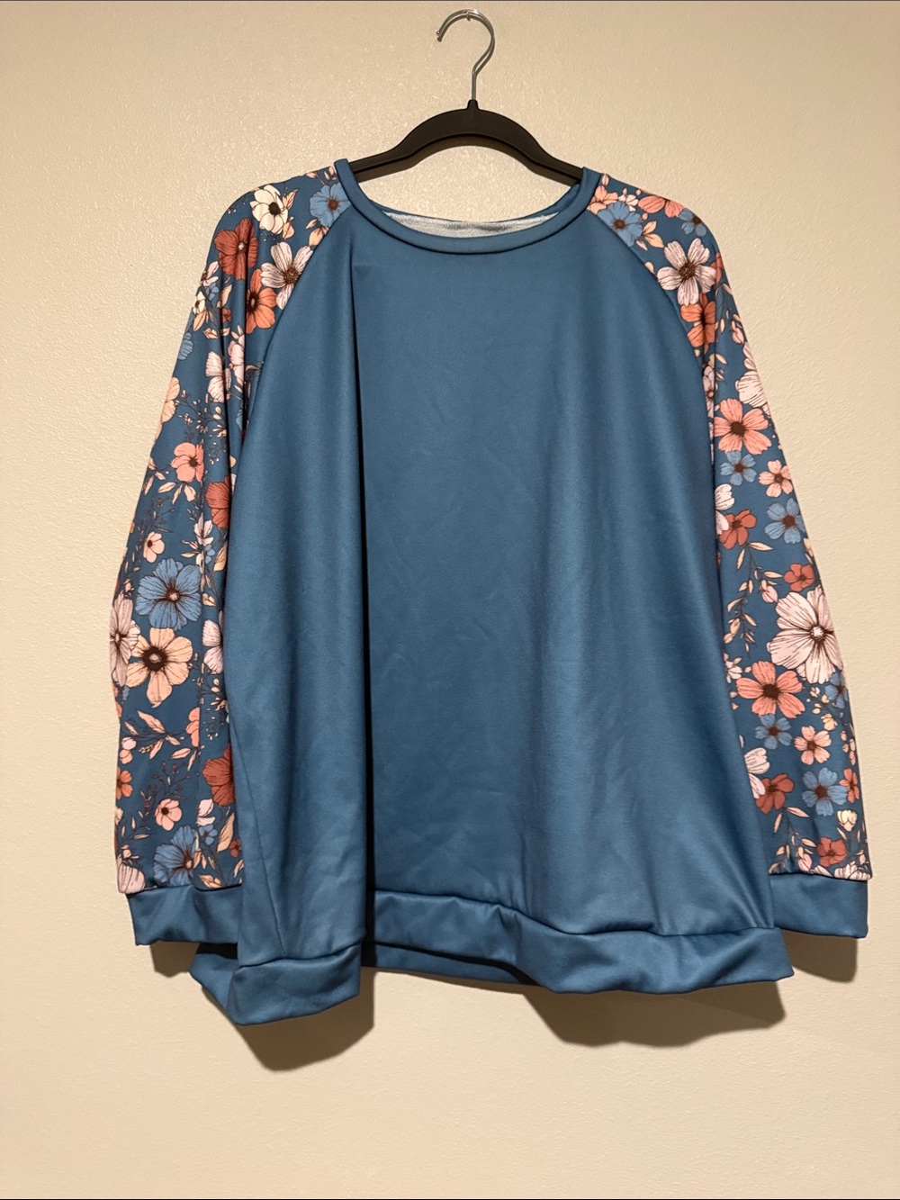 SHEIN Blue Crewneck Sweater with Floral Raglan Sleeves